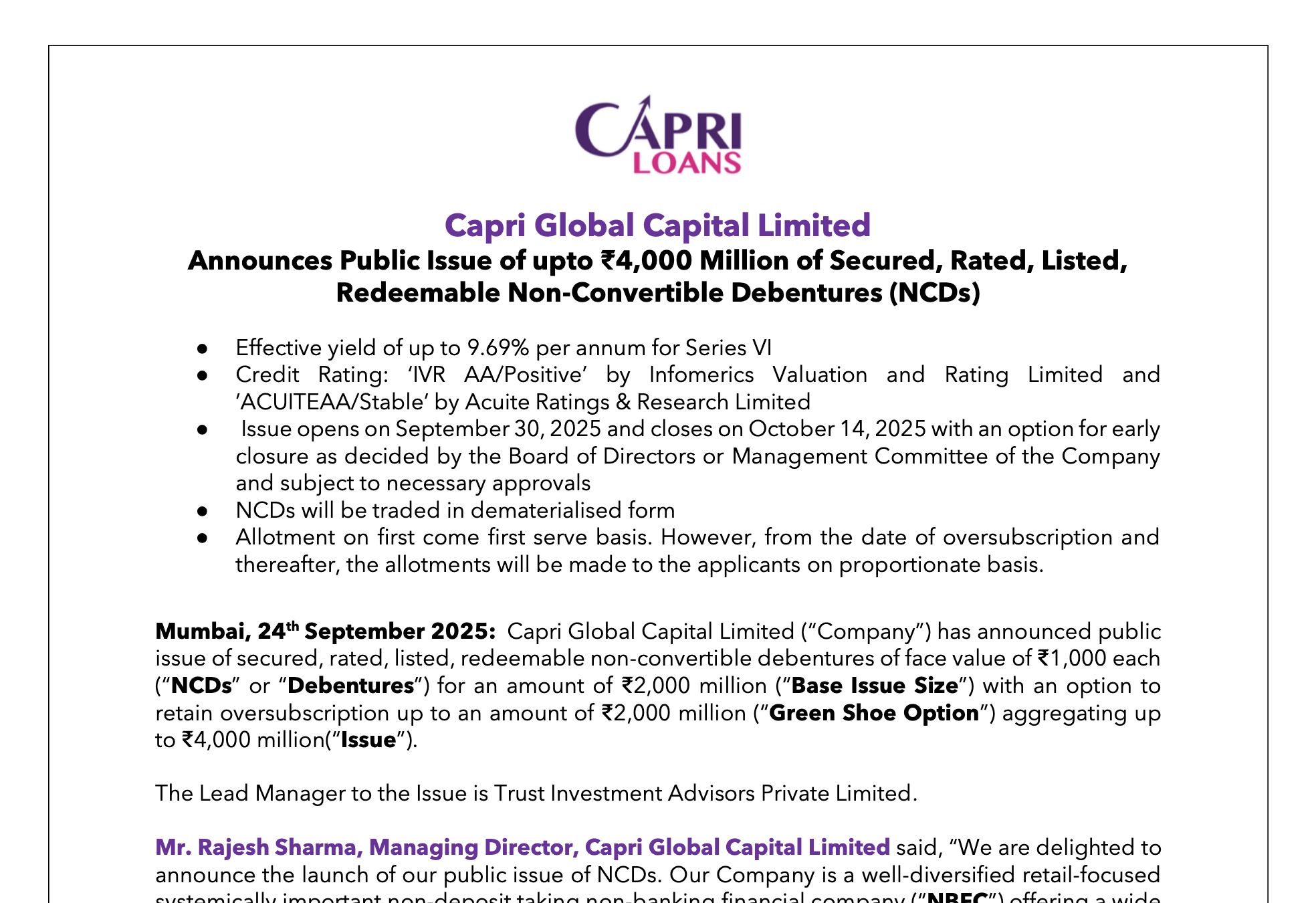 Capri Global Capital Limited Announces Public Issue of upto ₹4,000 Million of Secured, Rated, Listed, Redeemable Non-Convertible Debentures (NCDs)